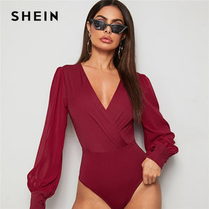 SHEIN Burgundy Solid Surplice Front Elegant Bodysuit Women Tops Spring Bishop Sleeve V Neck High Waist Ladies Shirt Bodysuits