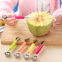 Charger l&#39;image dans la galerie, 2 in 1 stainless steel melon baller kitchen cut watermelon carving knife double side fruit digging spoon ice cream platter spoon