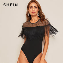 Charger l&#39;image dans la galerie, SHEIN Glitter Sheer Yoke Fringe Trim Bodysuit Glamorous Black Contrast Mesh Summer Bodysuit Women Sleeveless Sexy Bodysuits