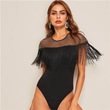 Charger l&#39;image dans la galerie, SHEIN Glitter Sheer Yoke Fringe Trim Bodysuit Glamorous Black Contrast Mesh Summer Bodysuit Women Sleeveless Sexy Bodysuits