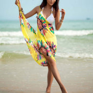 2019 Hot Women Halter Lightweight Chiffon Floral Print Beach Cover Up Towel Silk Beach Bikini Fashion Open-Back Beach Dress