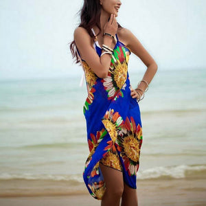 2019 Hot Women Halter Lightweight Chiffon Floral Print Beach Cover Up Towel Silk Beach Bikini Fashion Open-Back Beach Dress