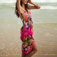 Charger l&#39;image dans la galerie, 2019 Hot Women Halter Lightweight Chiffon Floral Print Beach Cover Up Towel Silk Beach Bikini Fashion Open-Back Beach Dress