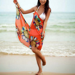 2019 Hot Women Halter Lightweight Chiffon Floral Print Beach Cover Up Towel Silk Beach Bikini Fashion Open-Back Beach Dress