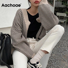 Charger l&#39;image dans la galerie, Knitted Striped Cardigan Sweater Women Fashion Patchwork Top Autumn Winter 2020 Long Sleeve Casual Outwears V Neck Buttons Coat