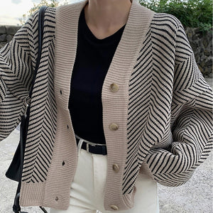 Knitted Striped Cardigan Sweater Women Fashion Patchwork Top Autumn Winter 2020 Long Sleeve Casual Outwears V Neck Buttons Coat