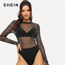 Charger l&#39;image dans la galerie, SHEIN Sexy Black Mesh Contrast Sheer Star Sequined Bodysuit Women Mid Waist Ruffle Sleeve Skinny Without Bra Summer Bodysuits