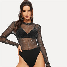 Charger l&#39;image dans la galerie, SHEIN Sexy Black Mesh Contrast Sheer Star Sequined Bodysuit Women Mid Waist Ruffle Sleeve Skinny Without Bra Summer Bodysuits