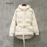 Fitaylor Winter Ultra Light Women Down Jacket Warm White Duck Down Hooded Parkas Female Single Breasted Snow Outerwear With Belt