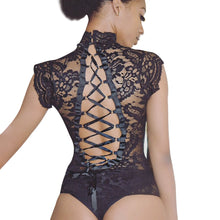 Charger l&#39;image dans la galerie, InstaHot Mesh Lace Bodysuit Women Sexy Backless Lace Up Sleeveless Rompers Party Club Ruffles Black White Slim Bodysuit 2019 New