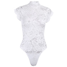 Charger l&#39;image dans la galerie, InstaHot Mesh Lace Bodysuit Women Sexy Backless Lace Up Sleeveless Rompers Party Club Ruffles Black White Slim Bodysuit 2019 New