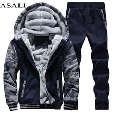 Charger l&#39;image dans la galerie, Tracksuit Men Sporting Fleece Thick Hooded Brand-Clothing Casual Track Suit Men Jacket+Pant Warm Fur Inside Winter Sweatshirt