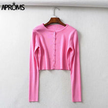 Charger l&#39;image dans la galerie, Aproms Candy Color Ribbed Knitted Cardigan Women Autumn Winter Long Sleeve Basic Cropped Sweaters Female Casual Short Jumper Top