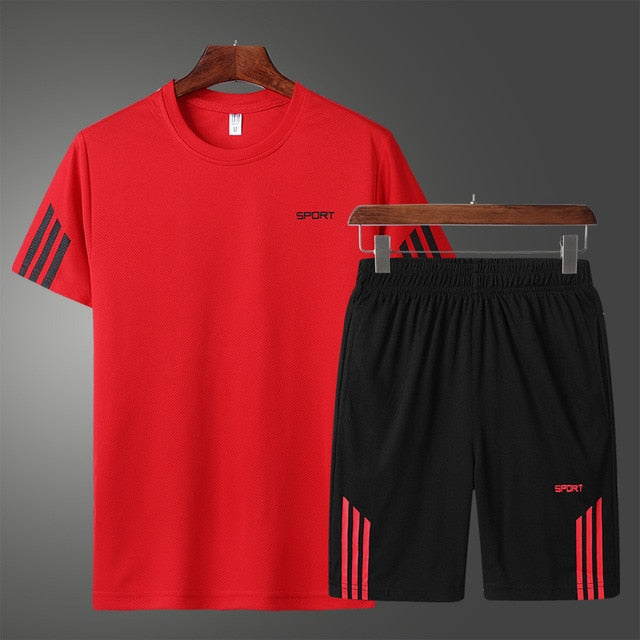 2019 Men Casual Set Fashion 2 PCS Sweat Suit Striped Short Sleeve T-shirt Shorts Sets Male Sportswear Tracksuit Summer Sportsuit