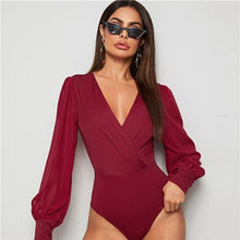 Charger l&#39;image dans la galerie, SHEIN Burgundy Solid Surplice Front Elegant Bodysuit Women Tops Spring Bishop Sleeve V Neck High Waist Ladies Shirt Bodysuits